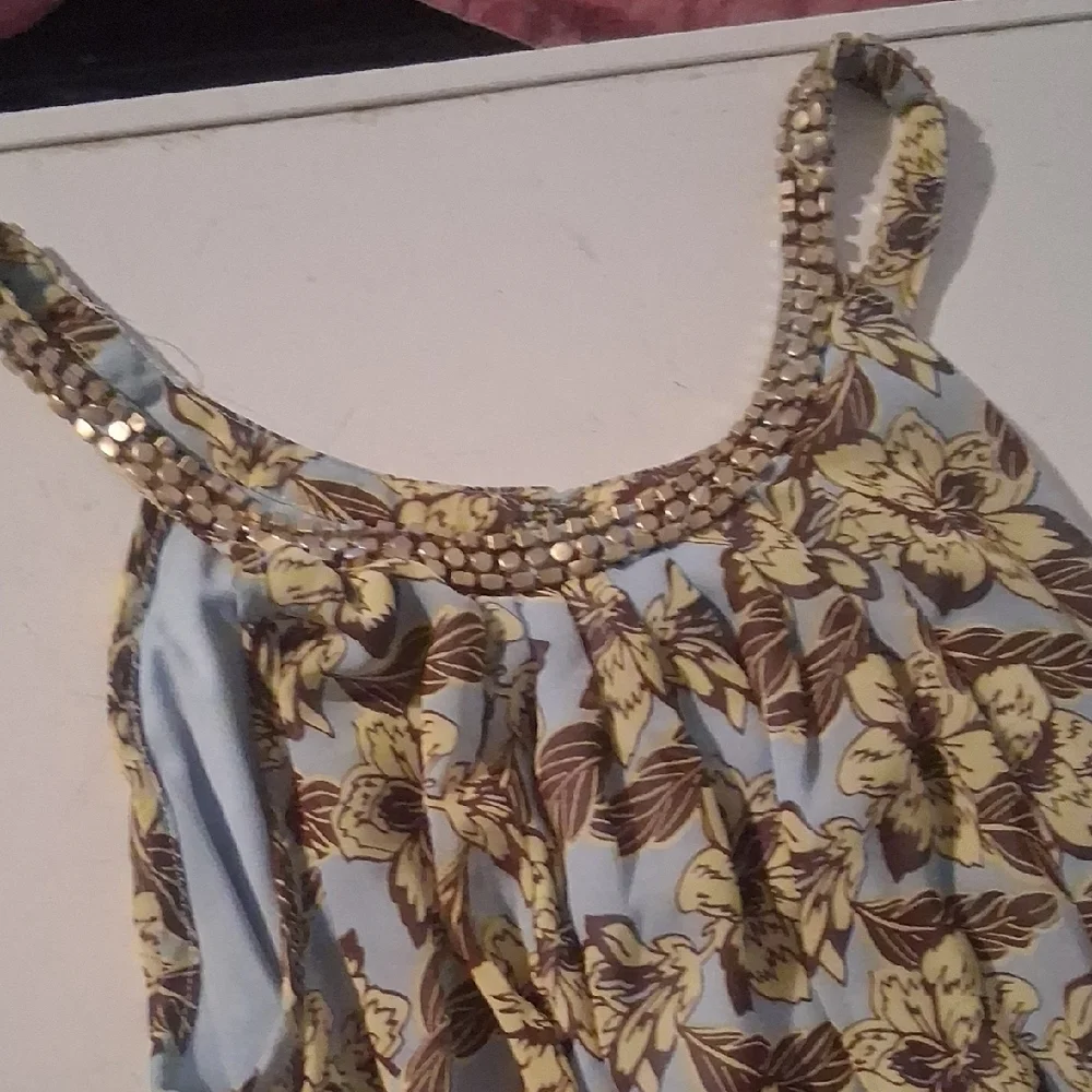 Light Blue Floral Maxi Skirt with Yellow and Brown Print